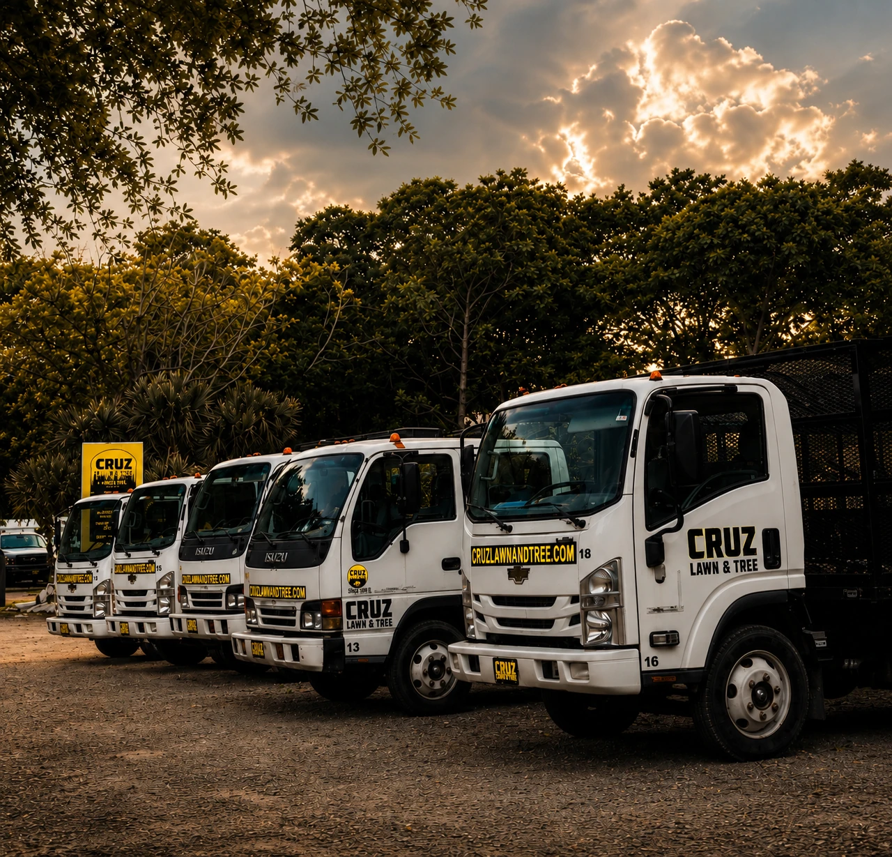 Cruz Lawn & Tree company trucks in Charleston